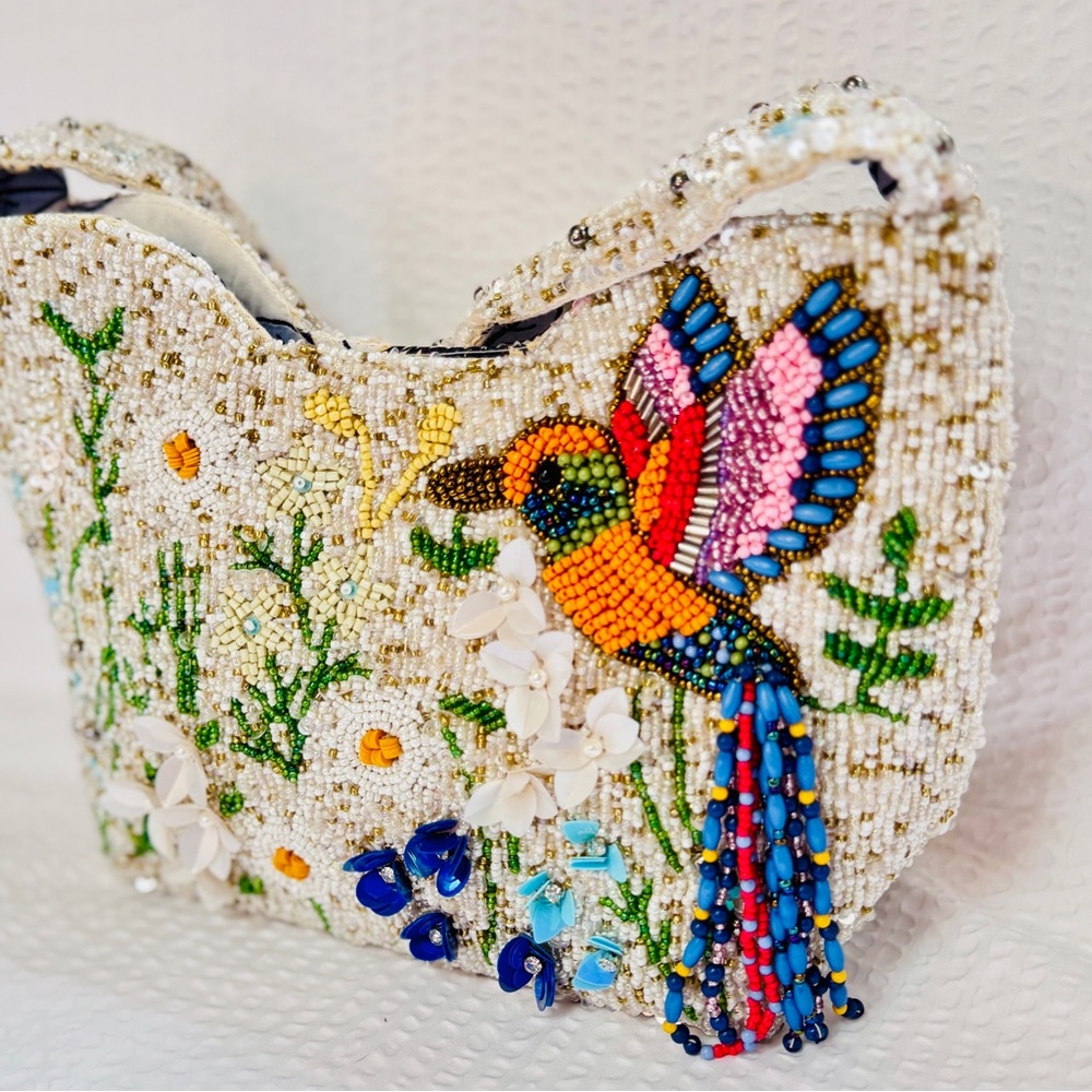 Beaded Hummingbird Statement Bag – Floral Artisan Shoulder Purse NWT - Picture 8 of 11